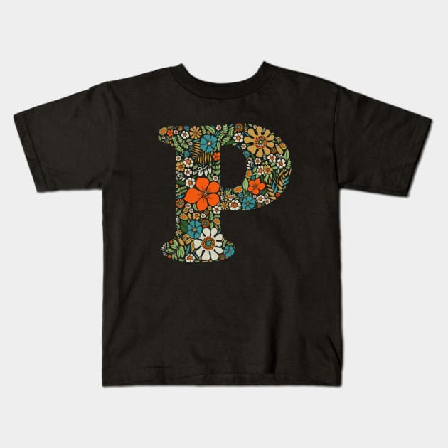 Hippie Floral Letter P Kids T-Shirt by zeljkica